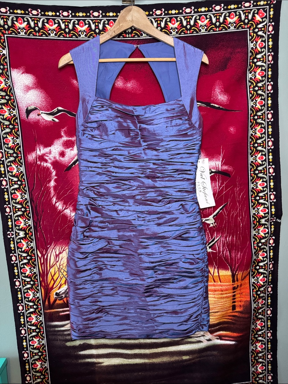 NWT y2k Val Stefani iridescent purple ruched mini formal prom dress
